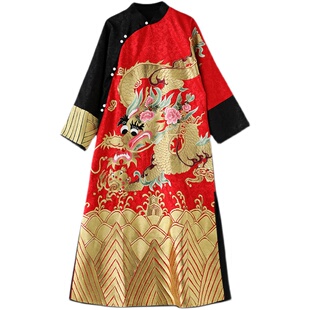 新中式旗袍改良版连衣裙大码宽松春秋长款复古刺绣中国风龙袍女装