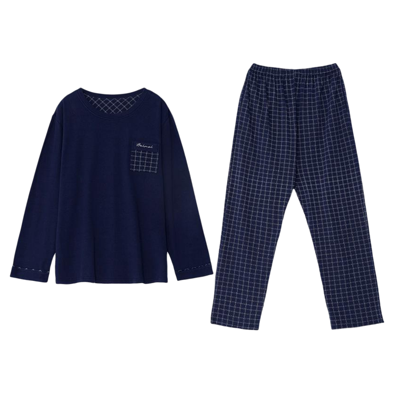 男款春秋全棉家居服圆领休闲格子
