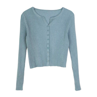 奶蓝色毛衣开衫少女chic百搭v领单排扣针织衫外搭小个子bm风上衣