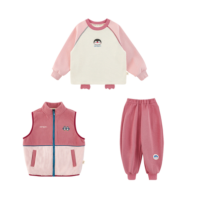 幼悠女童2025冬季新款加厚保暖插肩卫衣无袖马甲束脚长裤企鹅套装