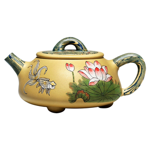 宜兴紫砂壶纯手工泥绘荷塘鱼趣原矿段泥泡茶壶家用茶具套装石瓢壶