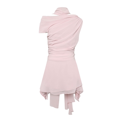 Maison Wester2025夏季新款修身单肩雪纺飘带粉连衣裙可露丽穿搭