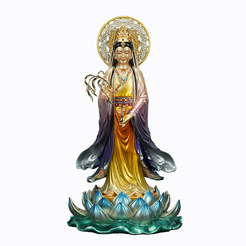 台湾全铜彩绘莲花观世音佛像供奉