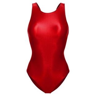 连体泳衣女ins风锦纶油亮显瘦速干无袖性感露背彩色三角漏肩泳装