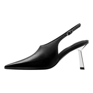 烫社交女鞋黑色牛皮深口后空细高跟鞋春夏时尚复古气质尖头凉女鞋