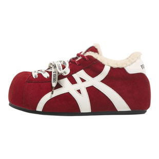 F21加绒内增高红色德训鞋子女2025新款冬季小个子时尚百搭泡芙鞋