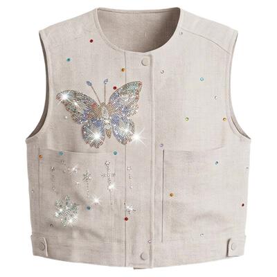 TCH【100%亚麻】烫钻蝴蝶马甲女春夏款设计感无袖上衣T75B01E1009