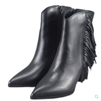 外贸原单大码真皮尖头流苏短靴子