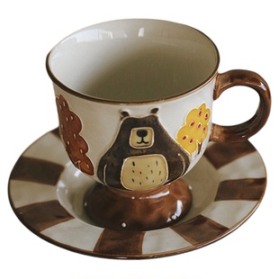 泽滕家卡通咖啡杯碟套装可爱有趣儿童小孩水杯高颜值拿铁拉花茶杯