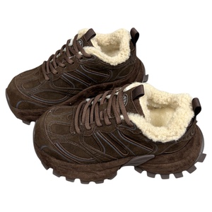 欧货磨砂真皮厚底加绒老爹鞋女2025冬季新款小个子增高运动休闲鞋