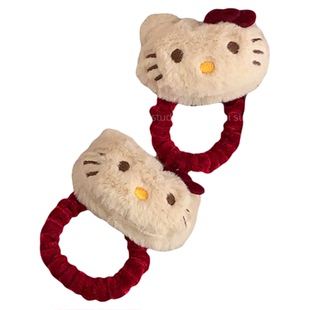 红色KT发夹~2只装!可爱毛绒绒卡通猫咪公仔侧边夹发圈发绳女发饰
