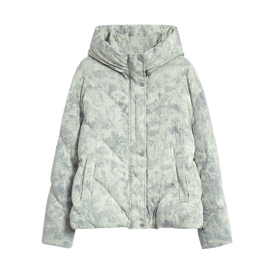 【保暖90白鸭绒】Desigual25秋冬新品仿牛仔斑驳印花连帽羽绒服