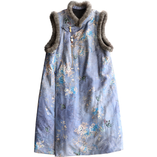 云澍原创交织香云纱新中式改良国风水貂毛领复古加棉马甲连衣裙冬