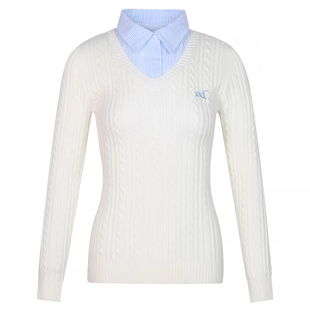 学院风毛衣针织衫假两件上衣女秋冬内搭条纹衬衫领修身显瘦打底衫