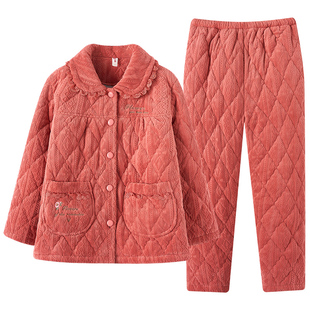 芬腾2025明星代言冬季气质枫叶红珊瑚绒睡衣夹棉加厚家居服套装女