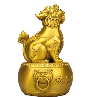 黄铜吼坐麒麟底座为威震八方鼓招财中国风水装饰品家居客厅办公室