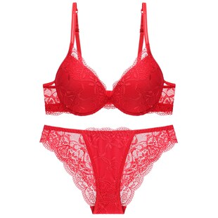 文胸套装本命年红色内衣女性感蕾丝小胸新娘结婚胸罩大码d杯薄款