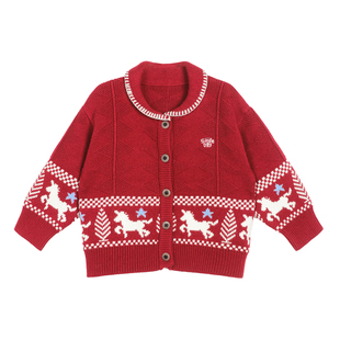 小O爸男婴童 男宝宝红色毛衣冬季拜年服马甲套头婴儿保暖新年衣服