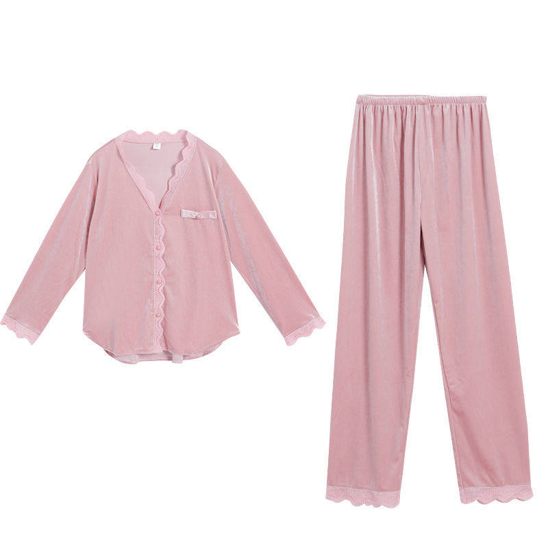 维多控2025新款纯色金丝绒睡衣套装名媛性感宽松家居服女秋冬蕾丝