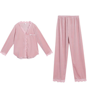 维多控2025新款纯色金丝绒睡衣套装名媛性感宽松家居服女秋冬蕾丝