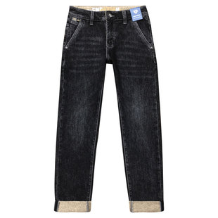 加绒牛仔裤男款保暖抓绒烟灰色薄绒修身小脚磨毛九分裤冬季加厚款