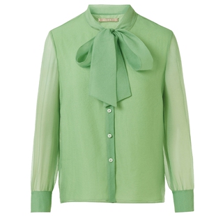 LANCY/朗姿2024春季新款翠绿色通勤飘带衬衫蝴蝶结法式设计感衬衣