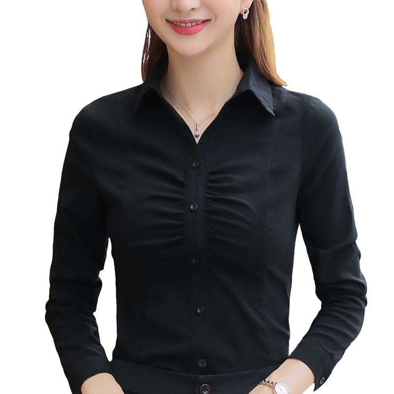 春秋长袖白衬衫女高弹力胸前褶皱气质弹性白色打底工装修身职业装