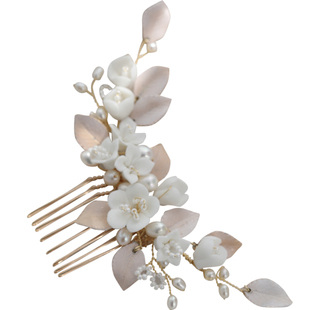 浪漫金银叶子天然珍珠陶瓷发梳精致小巧发叉发簪新娘婚礼花朵头饰