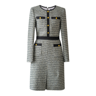 罗衣气质花灰色粗花呢连衣裙女2025春装新款肌理感拼接裙子07800