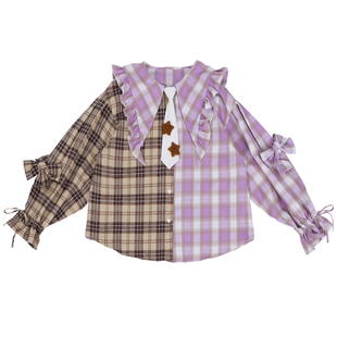 春荷叶边尖领蝴蝶结灯笼袖紫咖格子拼接星星领带美式复古格纹衬衫