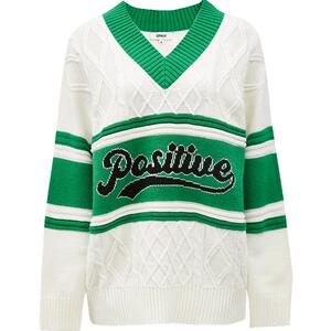 ONLY秋季复古运动风撞色字母设计感V领宽松针织衫女|122313065