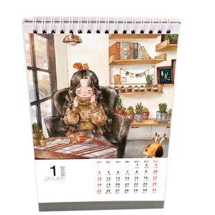 2026年竖可爱手绘卡通少女VI桌面日历台历挂历格子记事量大可定制