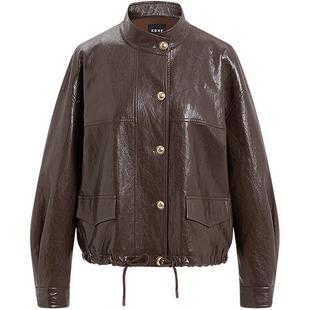 KBNE2025秋季新款咖啡色夹克皮衣女外套水洗油蜡皮柔软机车上衣女