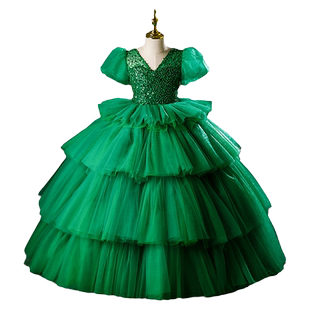 儿童礼服女童模特走秀公主裙绿色高端小女孩主持人钢琴比赛演出服