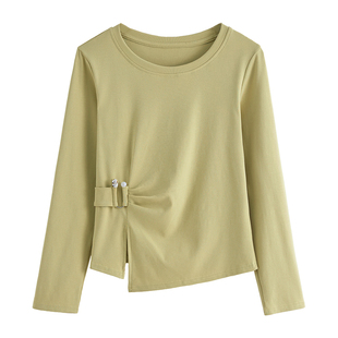 纯色圆领下摆不规则长袖T恤女春秋新款褶皱收腰显瘦内搭别致上衣