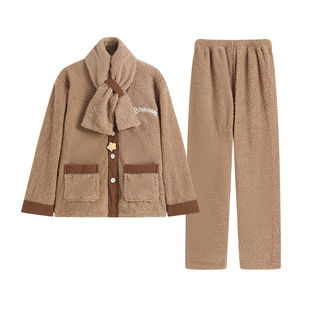 布朗熊IP联名款抗静电女士睡衣三件套带围脖冬季加绒加厚家居服女