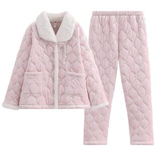 芬腾女士睡衣三层加厚夹棉袄珊瑚绒套装冬季抗静电女款加绒家居服