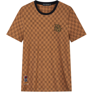 ZOUK欧货潮牌男装高端丝光棉t恤男格子短袖男款打底衫2023新款夏