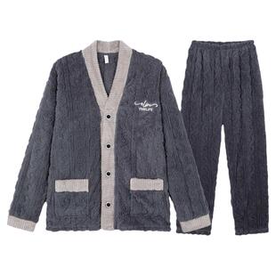 冬季加绒加厚珊瑚绒V领睡衣男2025新款男士保暖柔软家居服套装