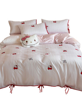 【富山草莓】少女心可爱条纹Hello Kitty天丝四件套凉感冰丝床品