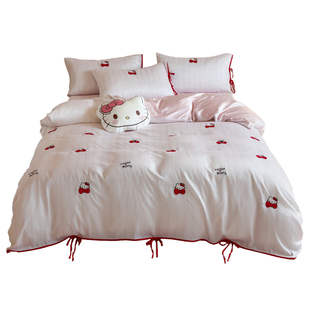 【富山草莓】少女心可爱条纹Hello Kitty天丝四件套凉感冰丝床品