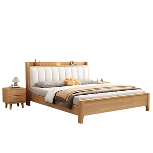 原木风全实木床双人床现代简约1.8米储物软靠包北欧主卧大床实木