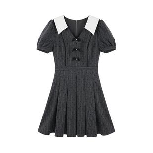 法式miu系V领波点灰色连衣裙夏季女装小香风千金感小个子收腰短裙