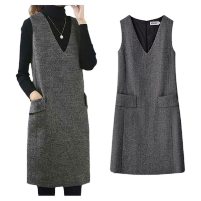 V领背心裙新款无袖羊毛呢连衣裙