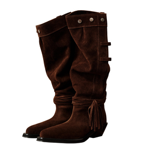Le' Murmure 松弛美学 冬季新款堆叠马靴牛反绒长筒靴流苏西部靴