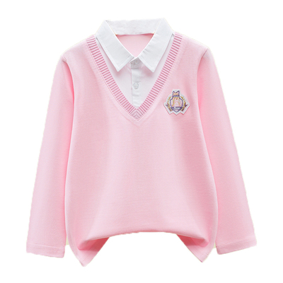 女童t恤长袖纯棉女孩polo衫假两件T恤儿童衬衫翻领打底衫中大童