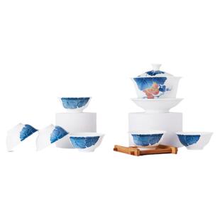 红官窑茶具套装醴陵陶瓷三才盖碗茶杯公道杯釉下彩瓷器大雅品心