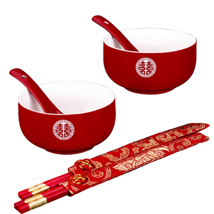 改口敬茶杯结婚敬酒套装喜碗托盘茶具对碗婚礼红色陪嫁喜碗筷一对