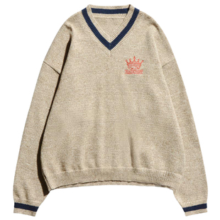 Remedy秋冬款国潮学院风刺绣毛衣美式潮牌宽松休闲V领针织衫男女