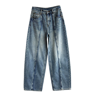 12平方蓝色植绒个性涂染拼接弯刀牛仔裤女2025秋冬加绒显瘦镰刀裤
